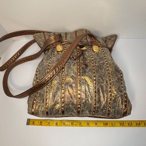 Valerie Artisan Textile Bronze Leather Studded Crossbody Bag Womens Designer - Picture 8 of 9